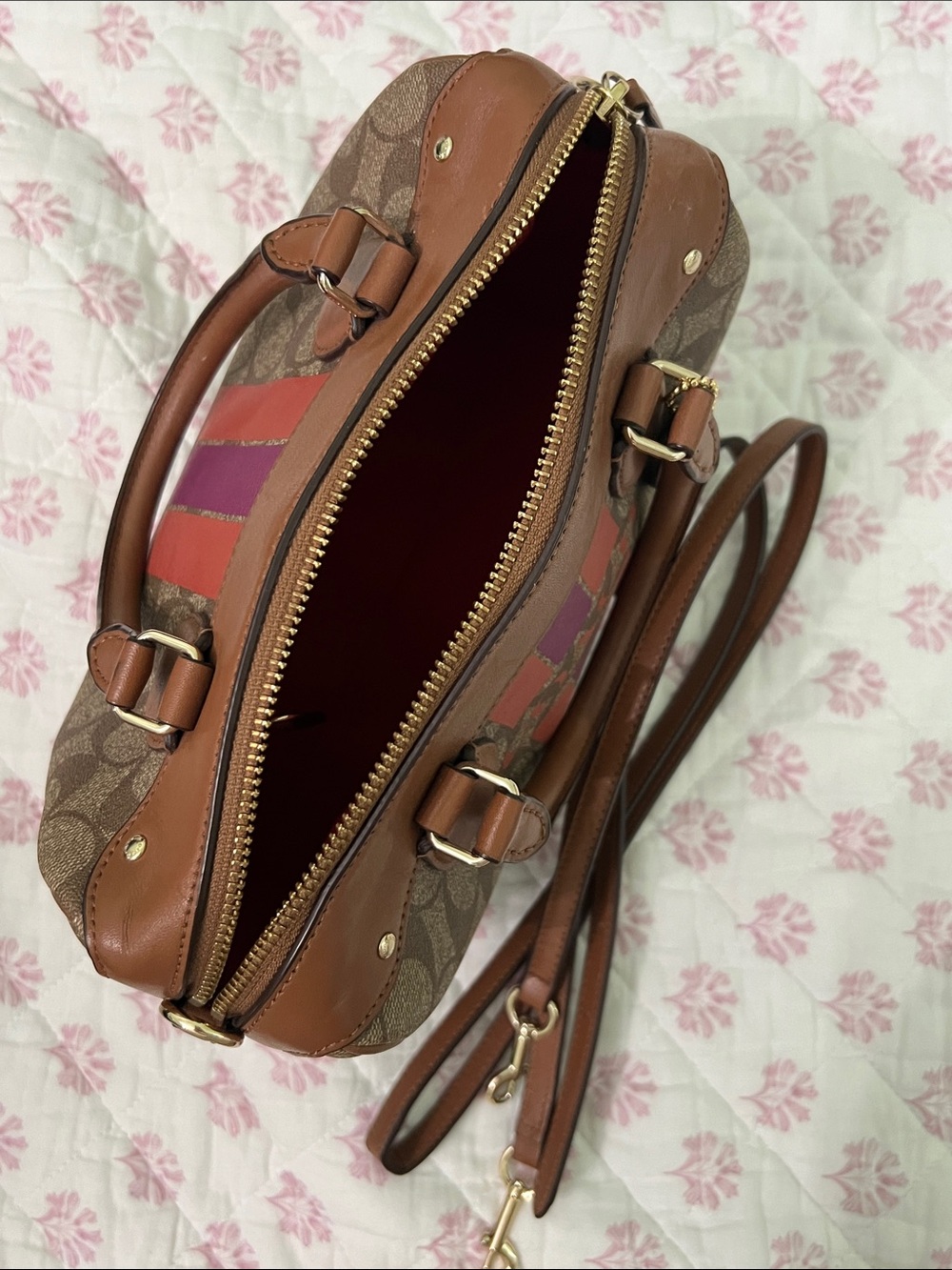 Coach Brown Signature Purse with Red & Pink Center Stripes - Picture 7 of 8